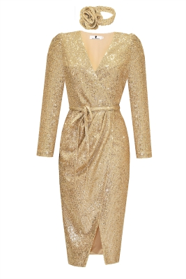 Платье "Голди" золотистое, пайетки, миди + чокер роза