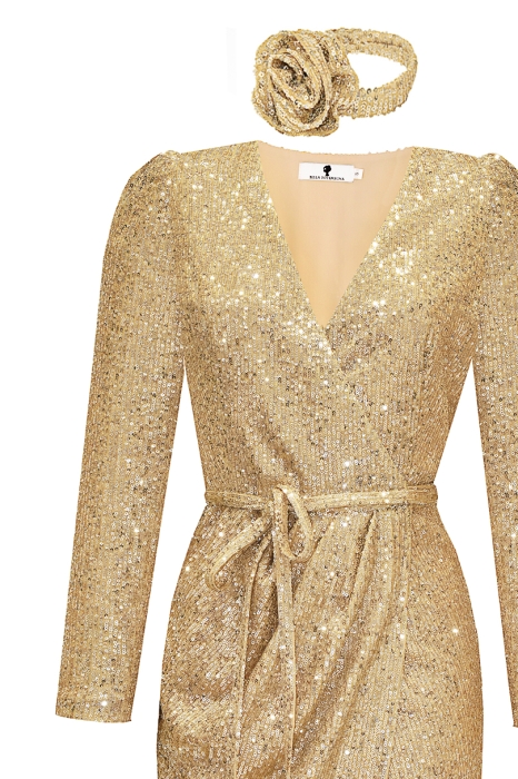 Платье "Голди" золотистое, пайетки, миди + чокер роза