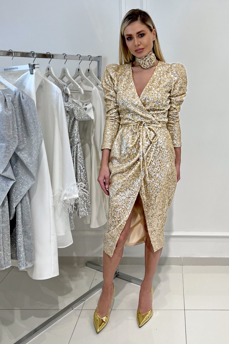 Платье "Голди" золотистое, пайетки, миди + чокер роза