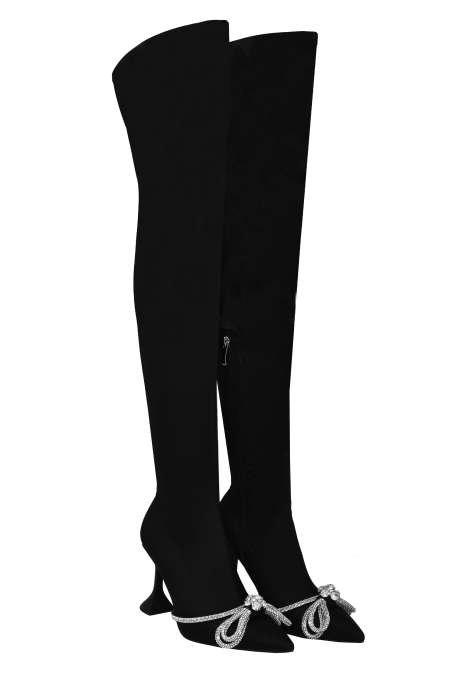 Ботфорты черные, бифлекс, каблук рюмочка, бант со стразами