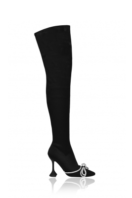 Ботфорты черные, бифлекс, каблук рюмочка, бант со стразами