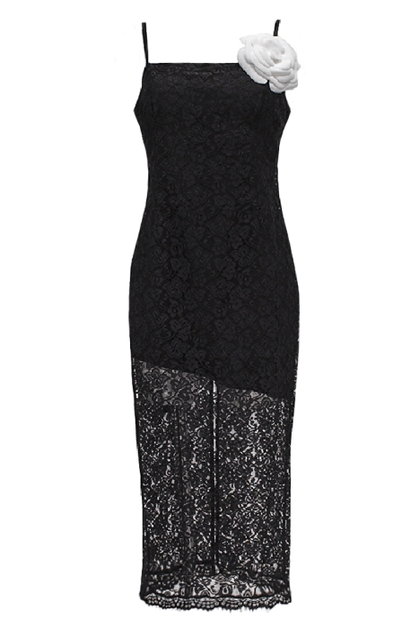 Платье "Лорэн" черное, кружево, миди + брошь "Камелия"