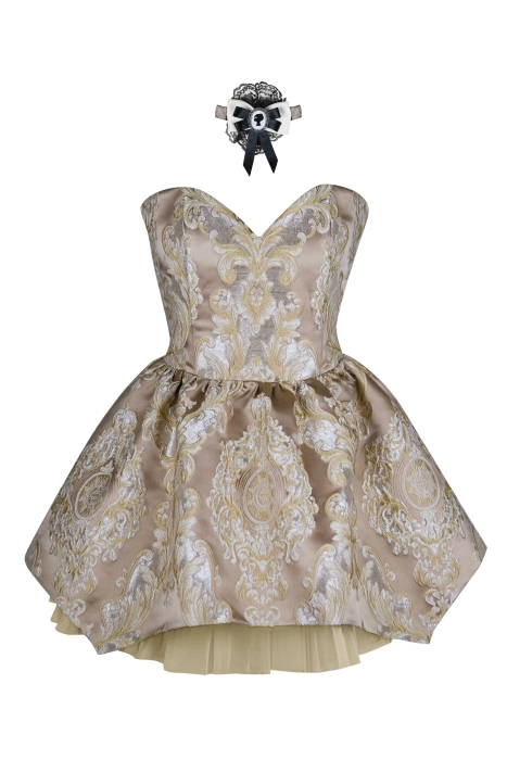 Платье "Версаль" бежево - золотистое, атлас, вышивка, вензеля, мини