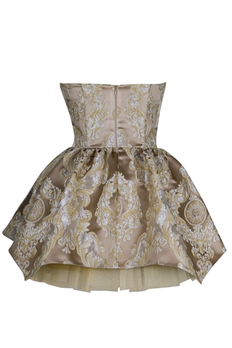 Платье "Версаль" бежево - золотистое, атлас, вышивка, вензеля, мини