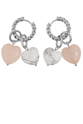 Серьги - трансформеры с сердечками из белого кахолонга и розового кварца, серебристые