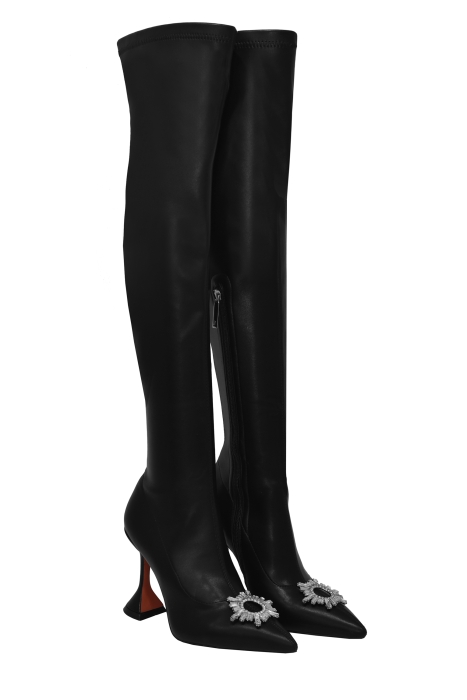 Сапоги - ботфорты черные, каблук рюмочка, брошь со стеклярусом