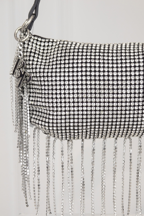 Сумка серебристая, крупные стразы, с бахрамой
