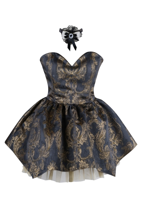 Платье "Версаль" темно - синее с золотистым, атлас, вышивка, вензеля, мини