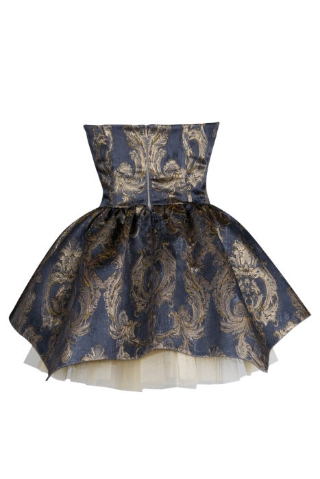Платье "Версаль" темно - синее с золотистым, атлас, вышивка, вензеля, мини