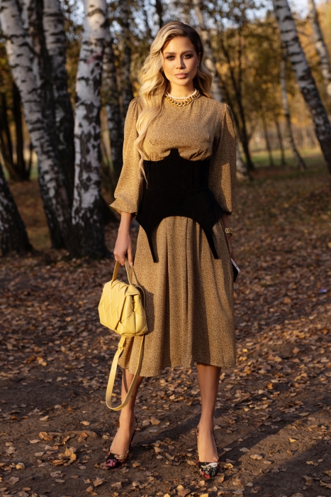 Платье "Элена" оливковое, принт цветы, РОСТ 165