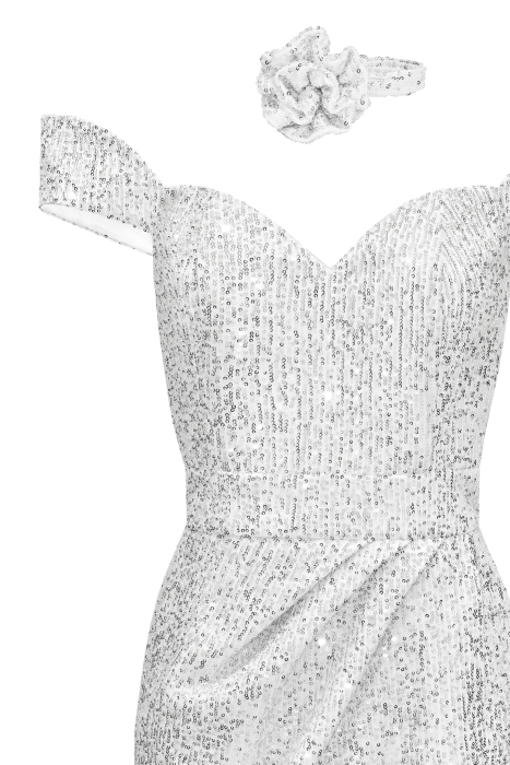 Платье "Джил" белое, серебристые пайетки, мини + чокер роза