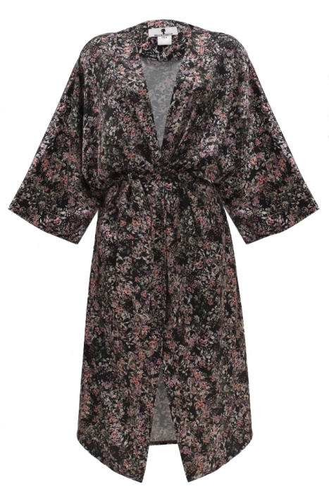 Костюм - пижама "Фёрн" черный, шелк, принт цветы (халат - туника)
