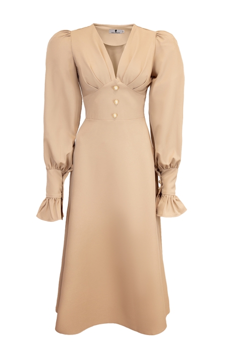 Платье "Лоренсия" бежевое, с манжетами, декорировано пуговицами, миди