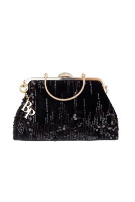 Сумка "ридикюль" черная, бархат, с черными пайетками