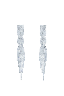 Серьги - клипсы - подвески "Кисточки" серебристые, плетение косичка, из металла со стразами, основа: круг