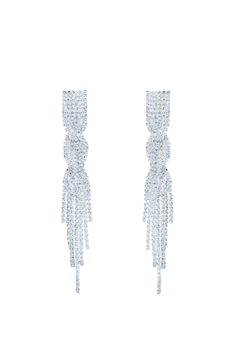 Серьги - клипсы - подвески "Кисточки" серебристые, плетение косичка, из металла со стразами, основа: круг