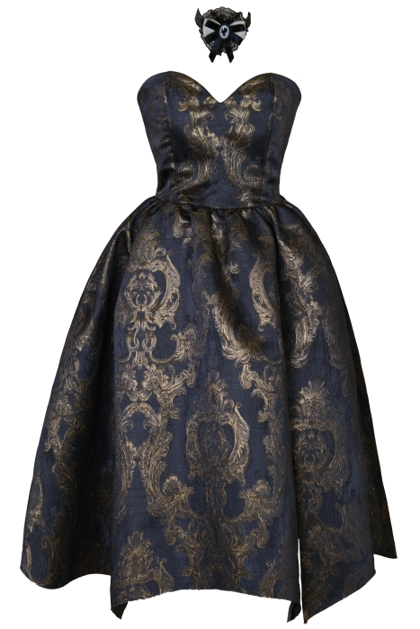 Платье "Версаль" черное с золотым, атлас, вышивка, вензеля, миди