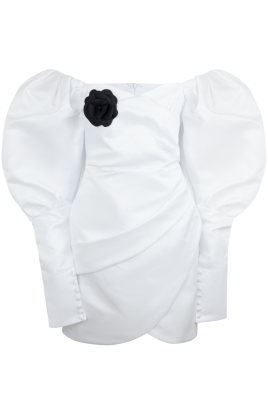 Платье "Трикси" белое, атлас (шелк), рукава фонарики, с манжетами + брошь
