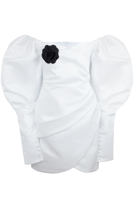 Платье "Трикси" белое, атлас (шелк), рукава фонарики, с манжетами + брошь