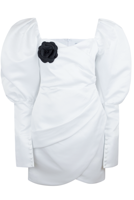 Платье "Трикси" белое, атлас (шелк), рукава фонарики, с манжетами + брошь