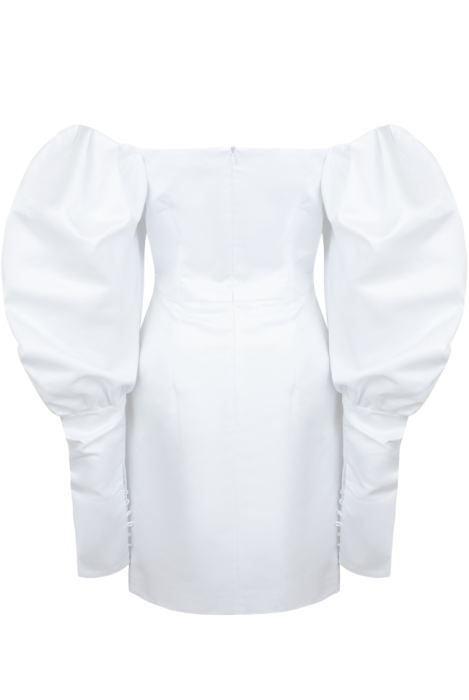 Платье "Трикси" белое, атлас (шелк), рукава фонарики, с манжетами + брошь