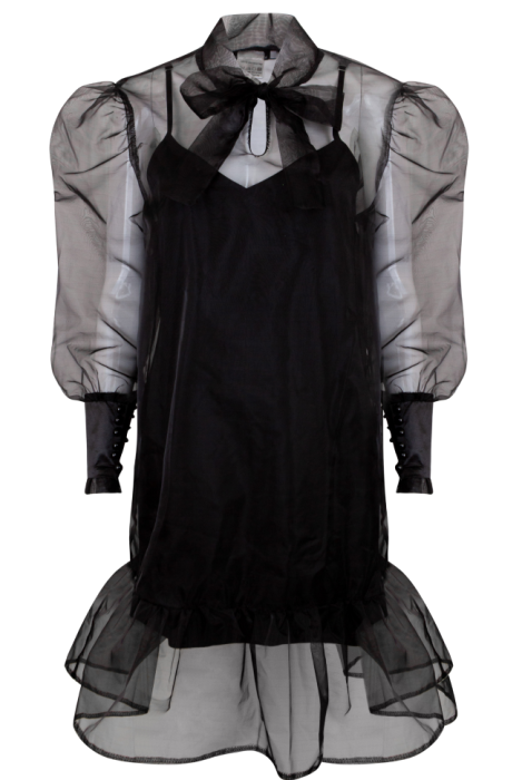 Платье "Саланж" черное, органза, бант на шее, мини