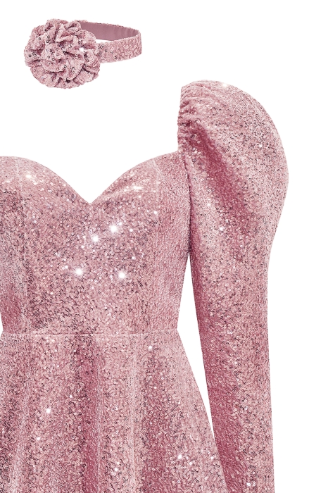 Платье "Джойс" пудровое (розовое), пайетки на бархате, мини + чокер роза