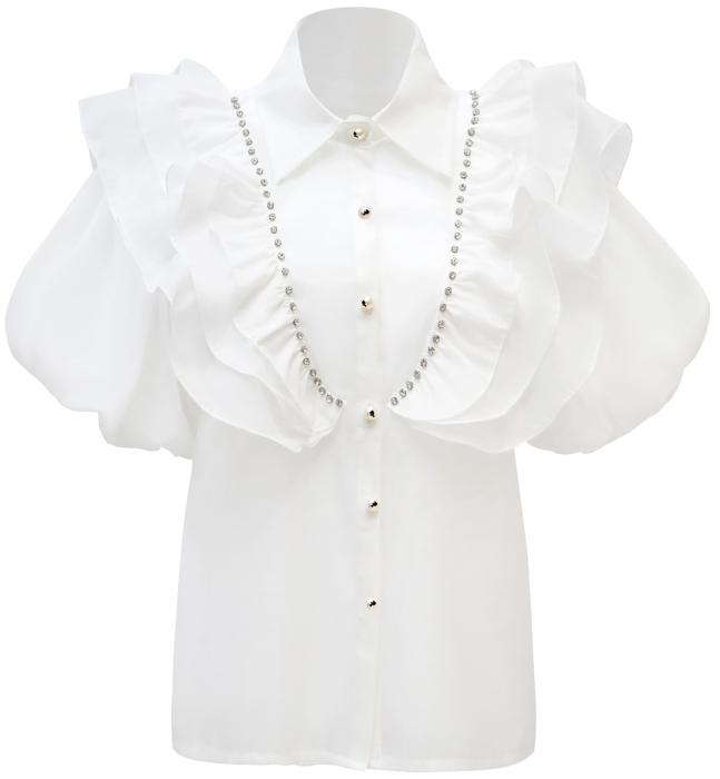 Блуза "Леди" белая, с воланами и камнями - стеклярусами