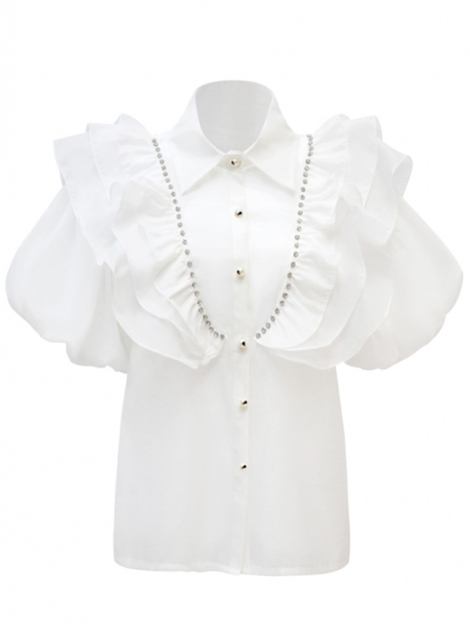 Блуза "Леди" белая, с воланами и камнями - стеклярусами