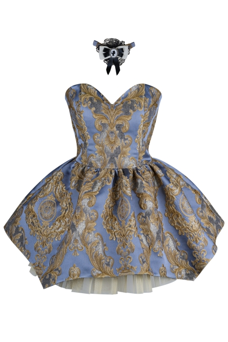 Платье "Версаль" сине - золотистое, атлас, вышивка, вензеля, мини