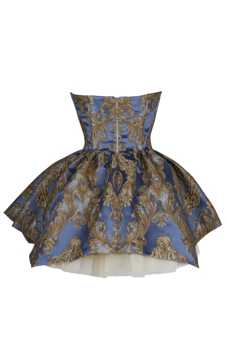 Платье "Версаль" сине - золотистое, атлас, вышивка, вензеля, мини