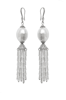 Серьги - кисти с жемчугом "Майорка", из чешского стекла, с цирконом