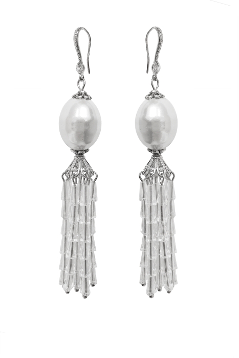 Серьги - кисти с жемчугом "Майорка", из чешского стекла, с цирконом