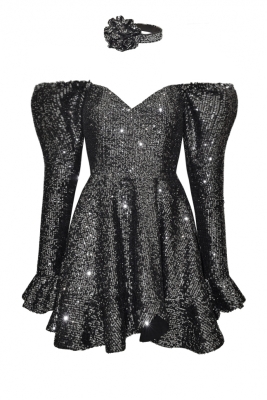 Платье "Джойс" черное,графитовые пайетки, мини + чокер роза