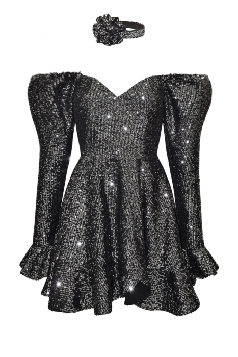 Платье "Джойс" черное,графитовые пайетки, мини + чокер роза