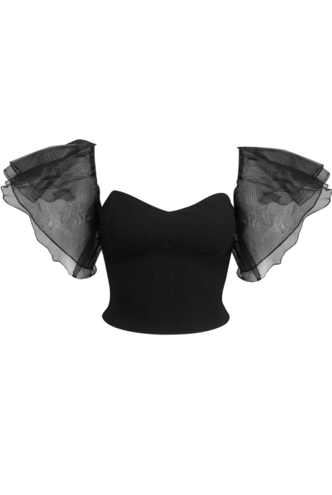 Топ - кроп "Марлин" черный, рукава - воланы из органзы