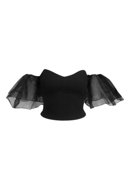 Топ - кроп "Марлин" черный, рукава - воланы из органзы