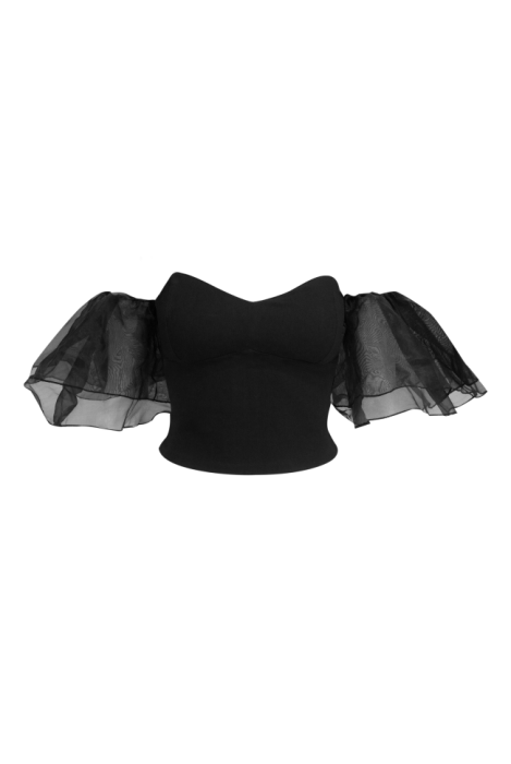 Топ - кроп "Марлин" черный, рукава - воланы из органзы