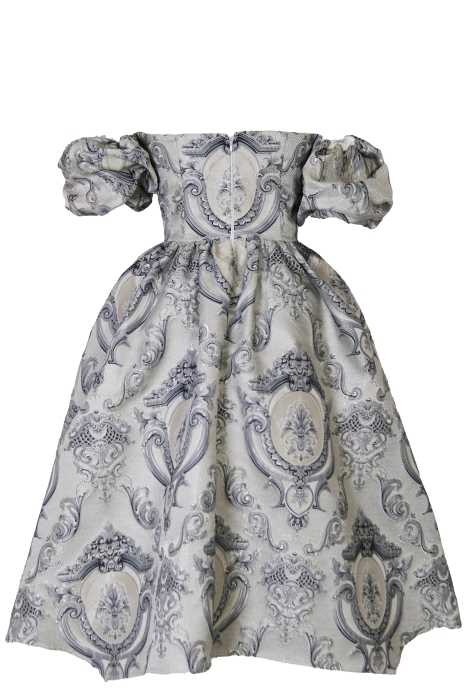 Платье "Версаль" серебристо - серое, атлас, вышивка, вензеля, миди