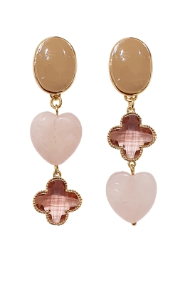 Серьги - подвески с розовым кварцем и чешским стеклом в виде клевера, золотистые