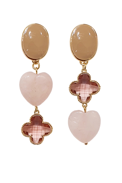 Серьги - подвески с розовым кварцем и чешским стеклом в виде клевера, золотистые