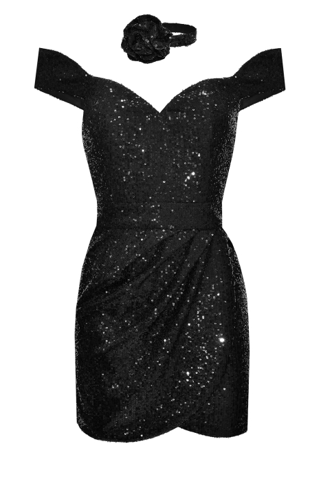 Платье "Джил" черное, пайетки, мини + чокер роза