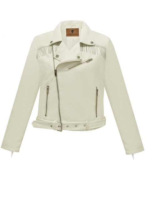 Куртка - косуха "Оклин" молочная, эко-кожа, с цепочками