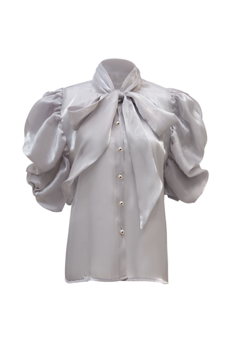 Блуза "Анетта" серая, органза, с бантом, на пуговицах