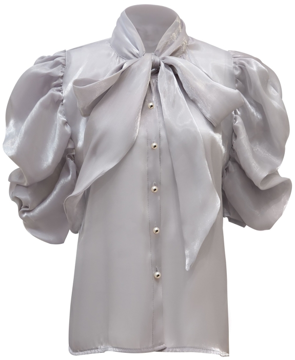 Блуза "Анетта" серая, органза, с бантом, на пуговицах