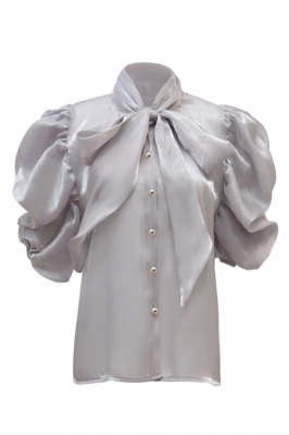 Блуза "Анетта" серая, органза, с бантом, на пуговицах
