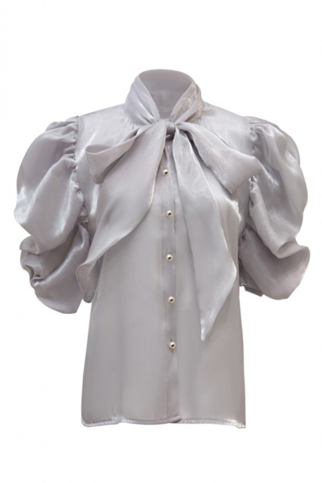 Блуза "Анетта" серая, органза, с бантом, на пуговицах