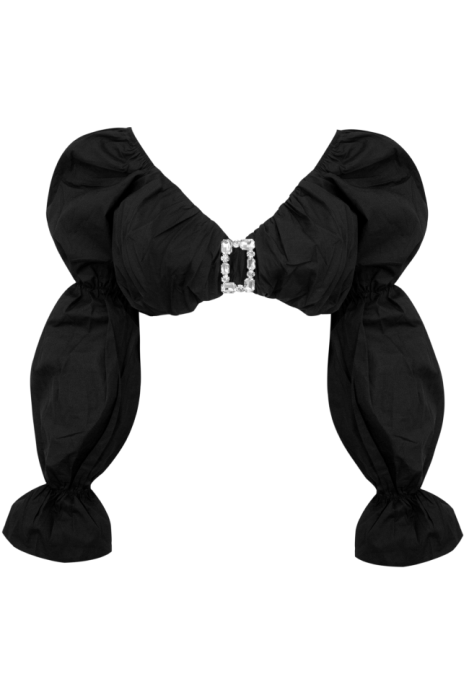 Топ - кроп "Рики" черный, хлопок, рукава фонарики, с брошью из стекляруса