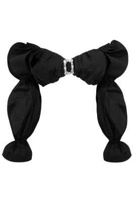 Топ - кроп "Рики" черный, хлопок, рукава фонарики, с брошью из стекляруса