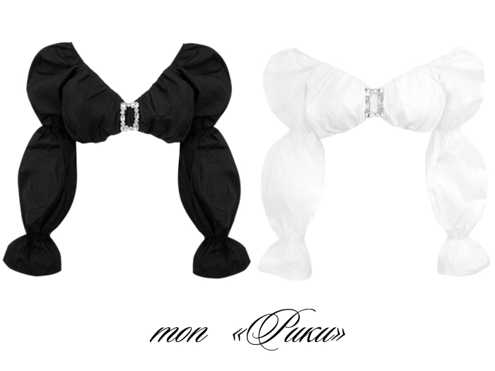 Топ - кроп "Рики" черный, хлопок, рукава фонарики, с брошью из стекляруса